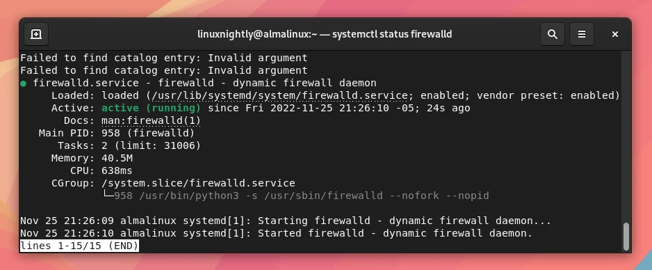 Output showing the status of firewall