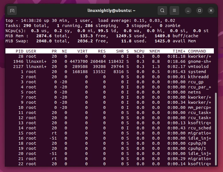 Output using top to display memory usage