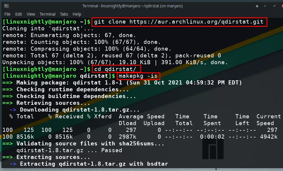 Terminal output of installing a package from the AUR