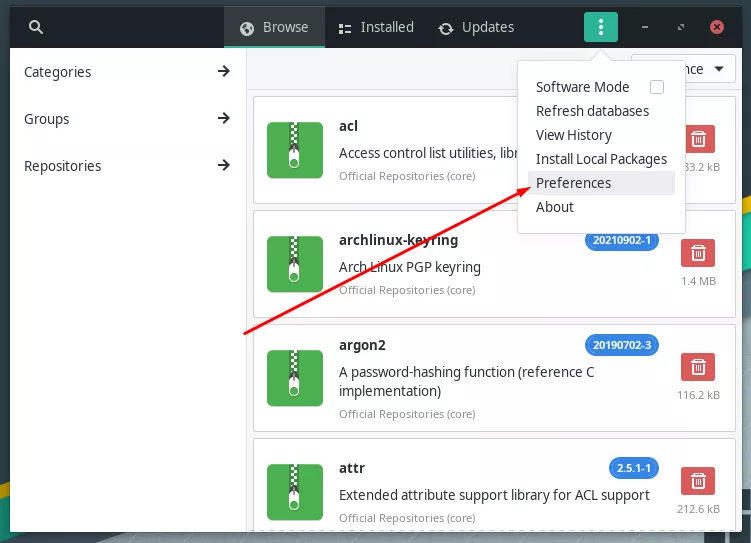 Opening the preferences menu of pamac