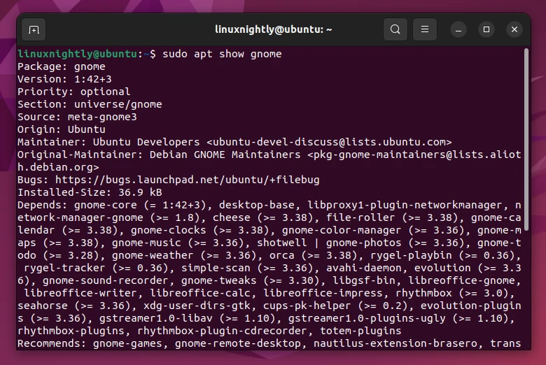 Showing information of a package on Ubuntu