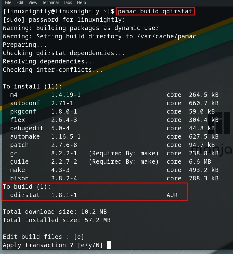 Terminal output confirming installation from AUR in pamac